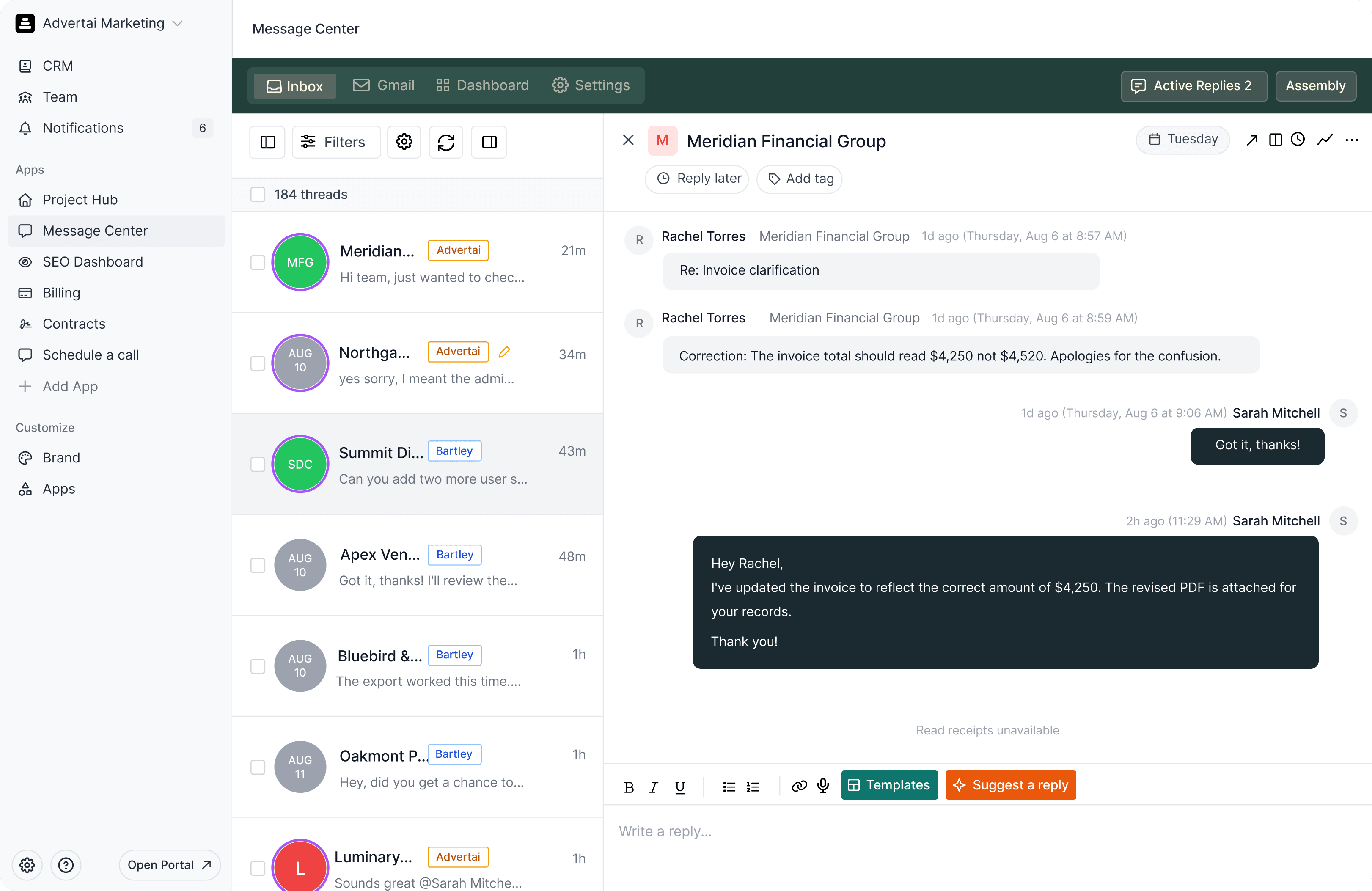 Advertai Marketing's Message Center app, showing the client thread list alongside a conversation with Gmail, templates and reply tools